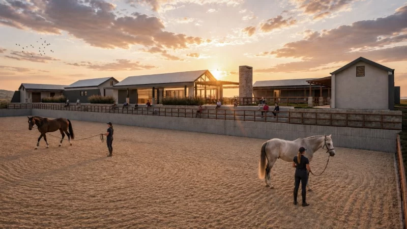 Equestrian centre at Restilridge Farm Estate at sunset with horses and riders in the arena